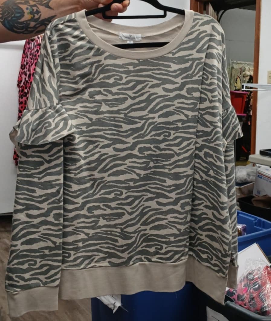 Beige Zebra Print Shirt Top Sweatshirt w Ruffle Arm