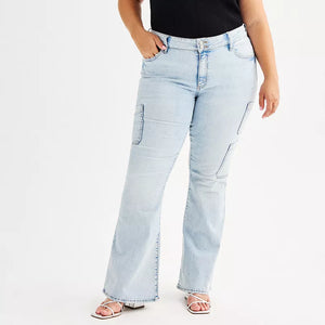 Light Wash Cargo Flare Leg Jeans Jean