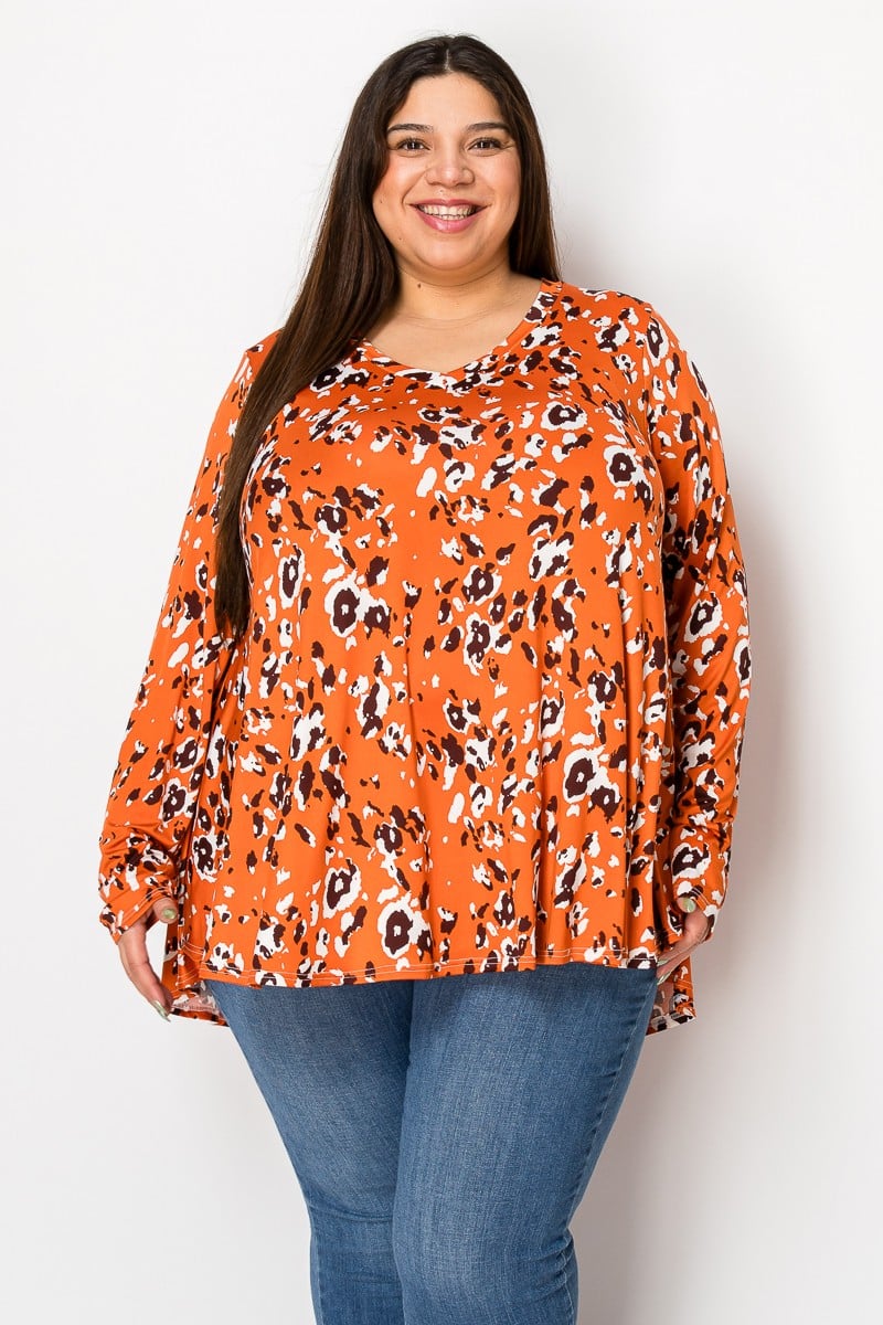 Orange Brown Leopard Long Sleeve V Neck Shirt Top