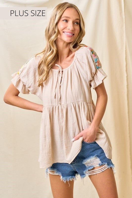 Beige Shirt Top w Crochet Sleeve Boho Top