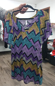 Purple Teal Gold Chevron Shirt Top V Neck Flutter Sleeves