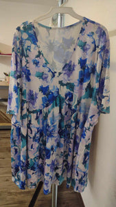 Blue Teal Floral V Neck Shirt Top