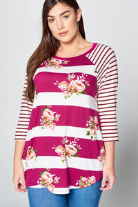 Magenta Floral Stripe Shirt Top