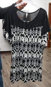 Black Shirred Black & White Design Shirt Top