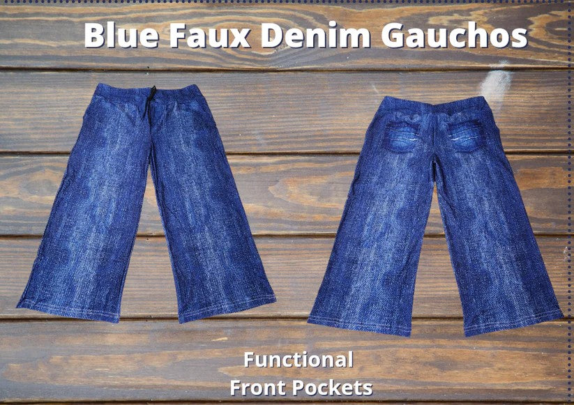 Blue Faux Denim Gaucho Capri