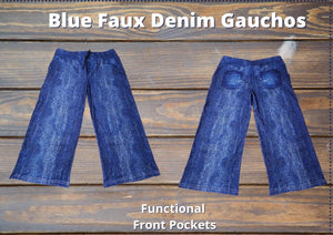 Blue Faux Denim Gaucho Capri