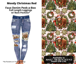 Moody Cow Christmas Red Faux Denim Full Length Peekaboo Leggings