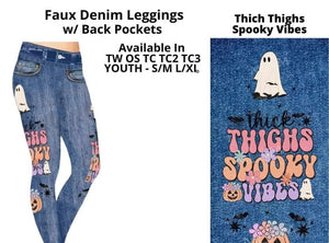 Thick Thighs Spooky Vibes Full Length Faux Denim Legging w/ Side Leg Designs