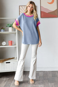 Denim Blue Ribbed Shirt Top with Peach Pink Sleeves