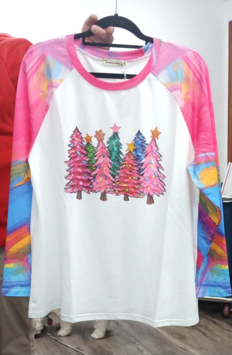 Christmas Tree Shirt Top w Tie Dye Sleeves