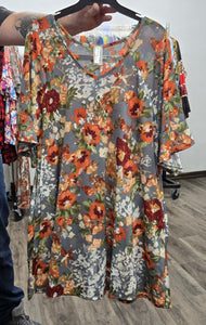 Gray Orange Beautiful Floral Shirt Top Strappy Neckline