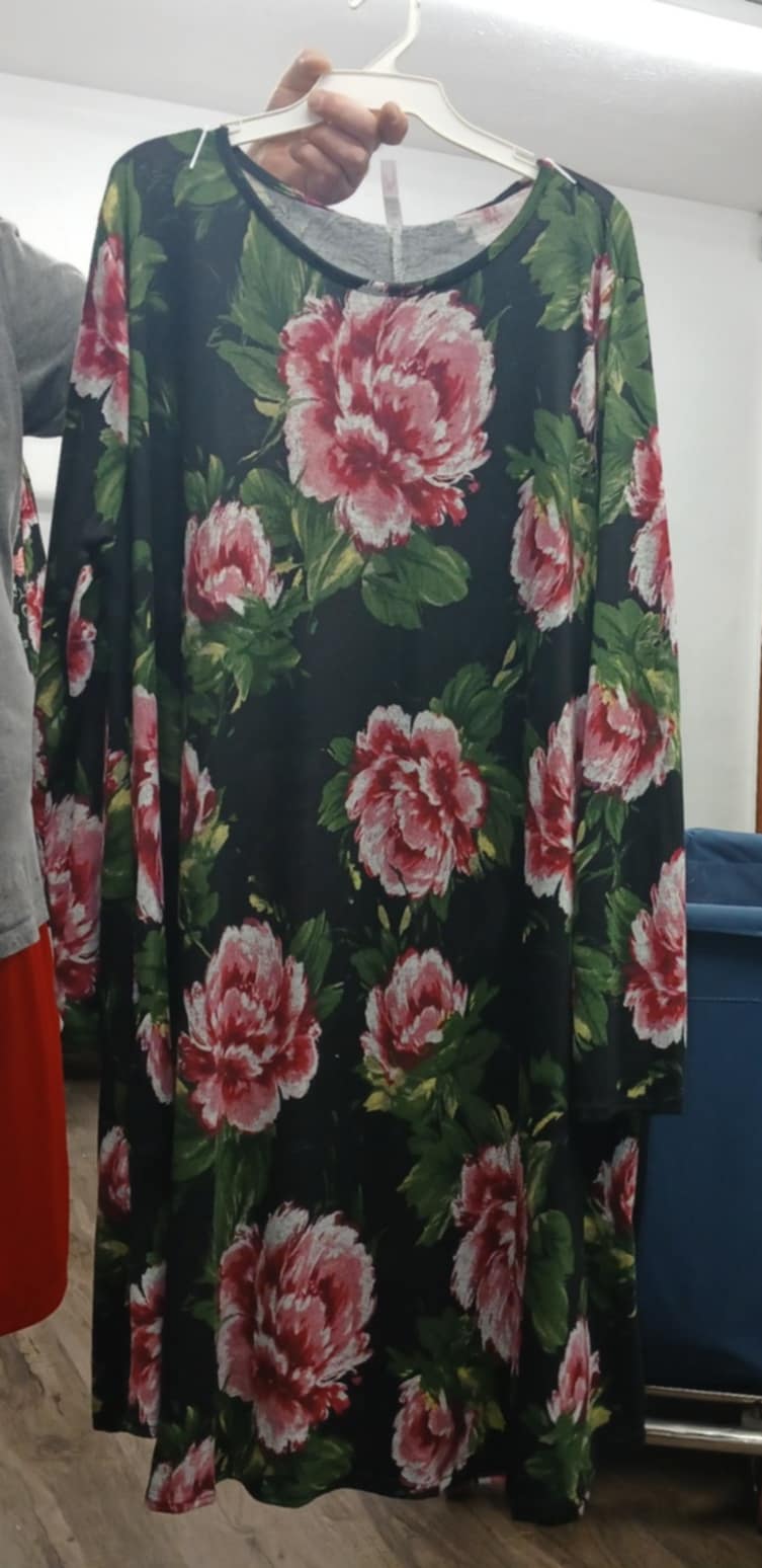 Black Pink Big Floral Dress Long Sleeves