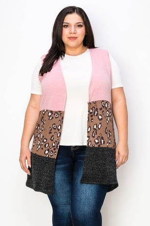 Pink Brown Leopard Black Open Front Vest