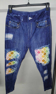 Faux Denim Mermaid Scales Full Length Leggings