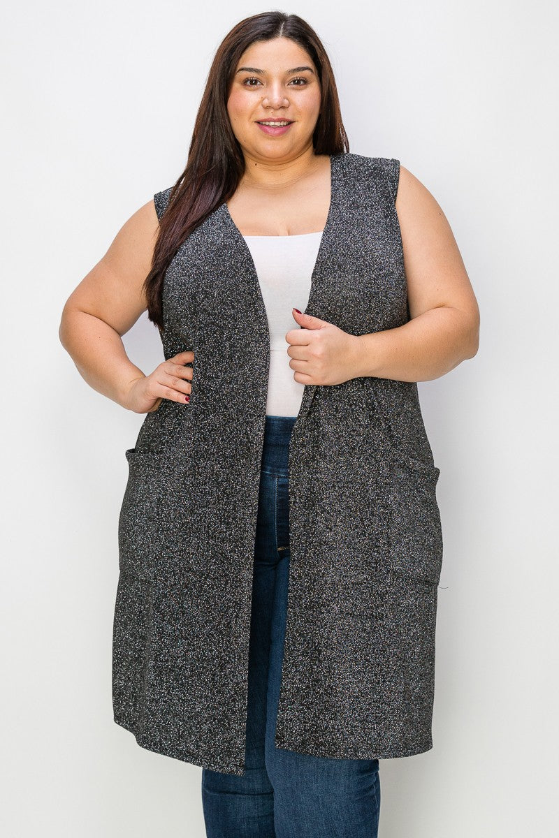 Black & Silver Sparkle Open Front Vest w Pockets