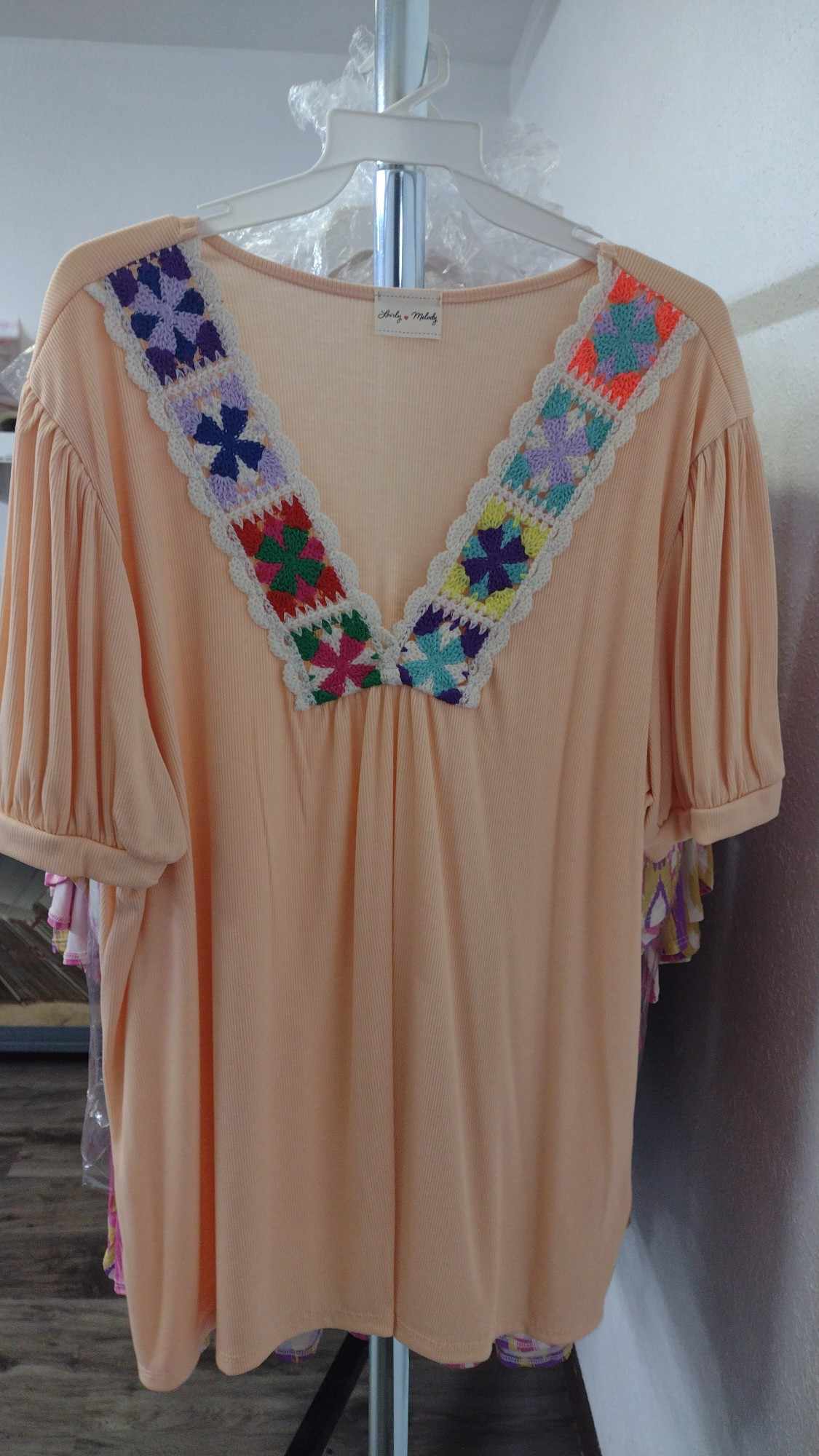 Peach Ribbed Crochet V Neckline Shirt Top