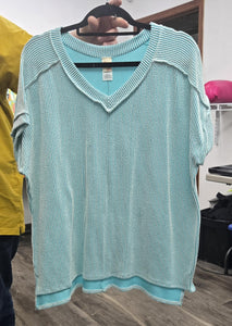 Light Blue Teal Ribbed Shirt Top