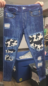 Faux Denim Legging Leggings w B&W Cow Patches