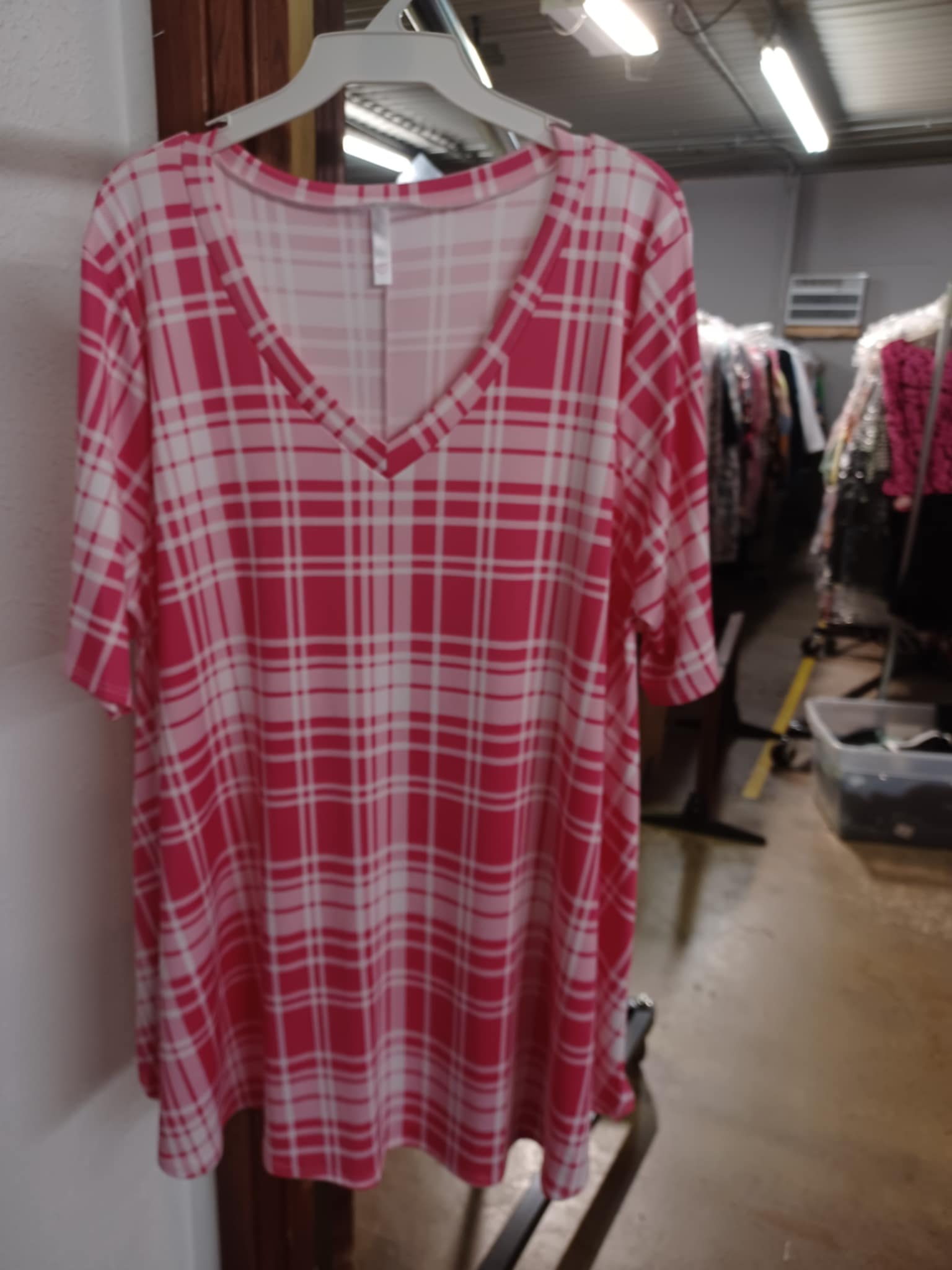 Pink White Plaid Stripe Shirt Top w V Neck