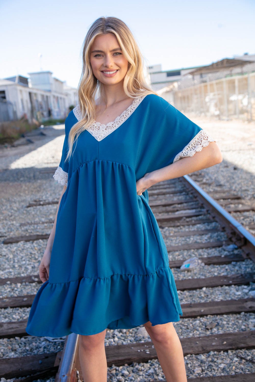 TEAL CROCHET NECK DRESS