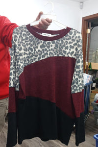 Burgundy Leopard Black Colorblock Shirt Top