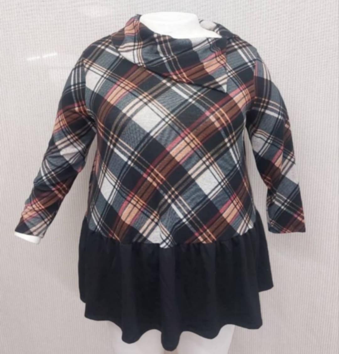 PSFU Gray, Orange, Brown Plaid Accent Collar Shirt Top