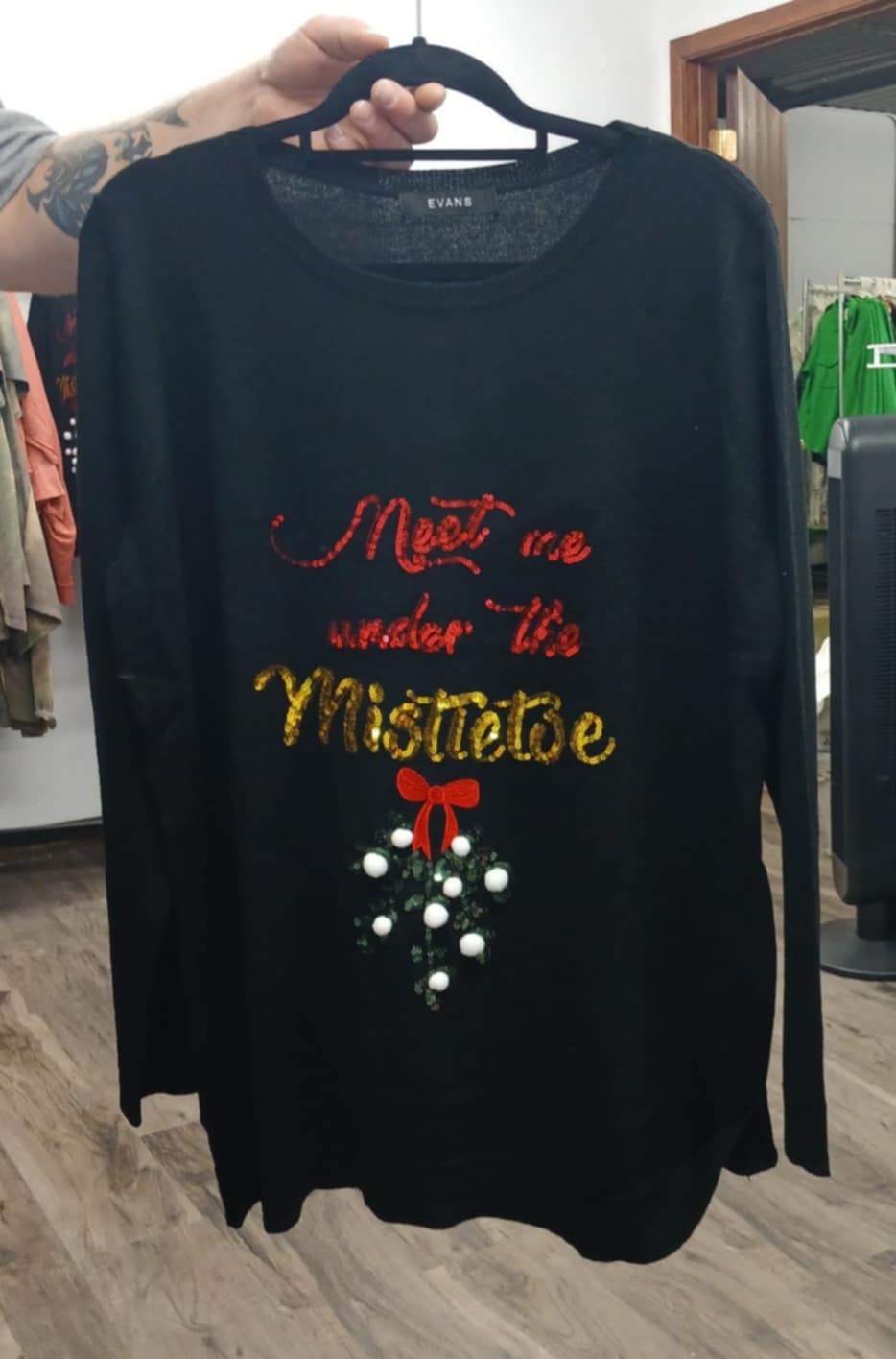 Black Mistletoe Sequin Holiday Sweater Shirt Top