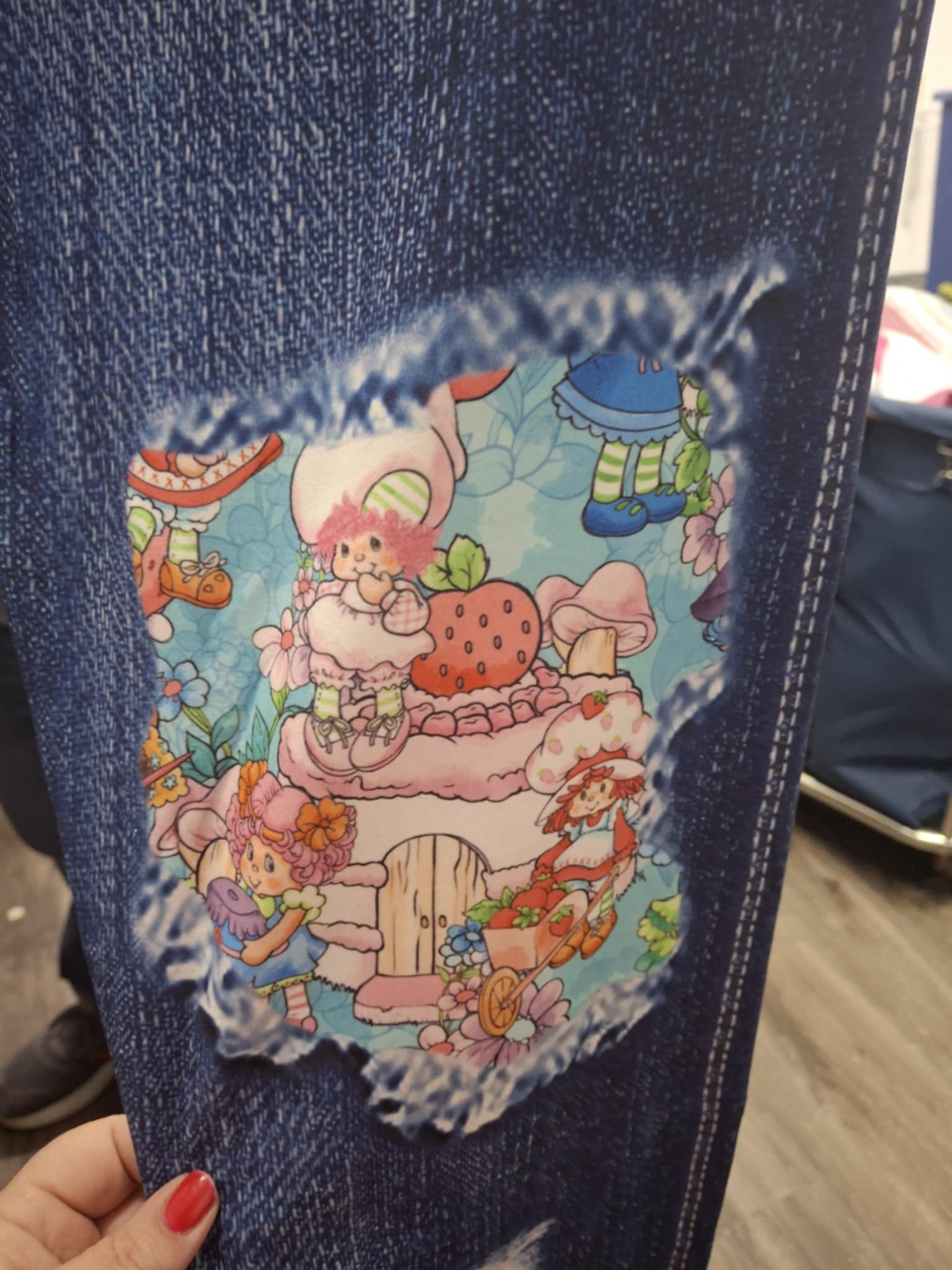 Faux Denim Strawberry Shortcake Patch Legging Leggings