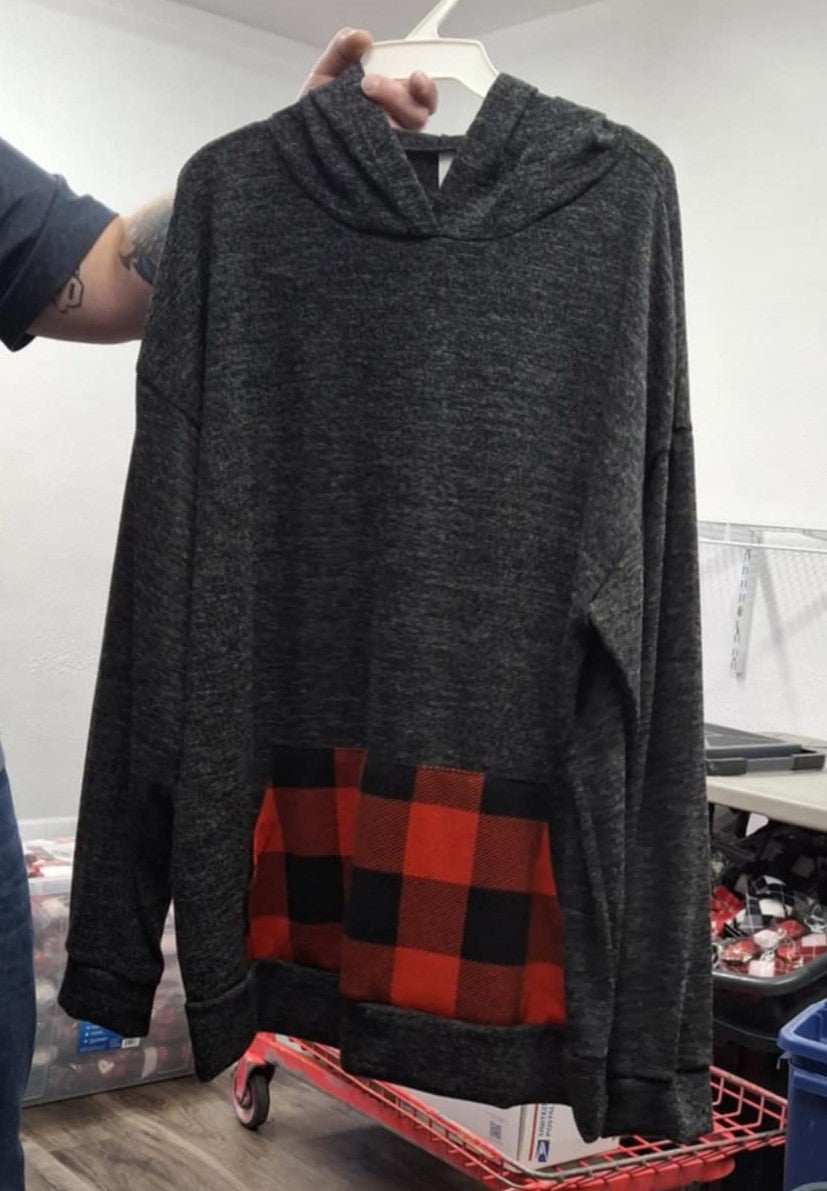 Gray Plaid Hoodie w Red Plaid Kangaroo Pocket