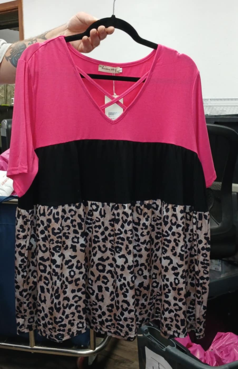 Pink Black Colorblock Leopard X neck Shirt Top