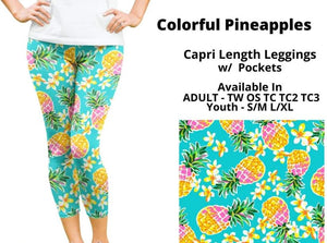 Teal Aqua Pineapple Capri Length Leggings w Pockets