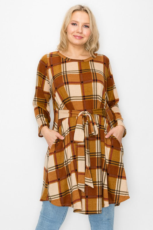 PSFU Plaid Dress w Tie Waist & Pockets