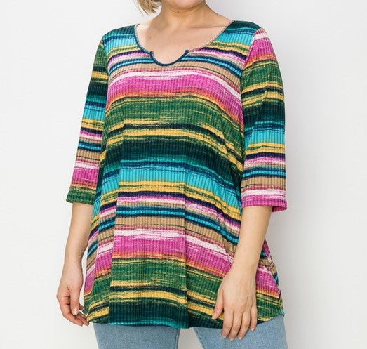 PSFU Blue Green Stripe Frint Top w Horseshoe Neckline