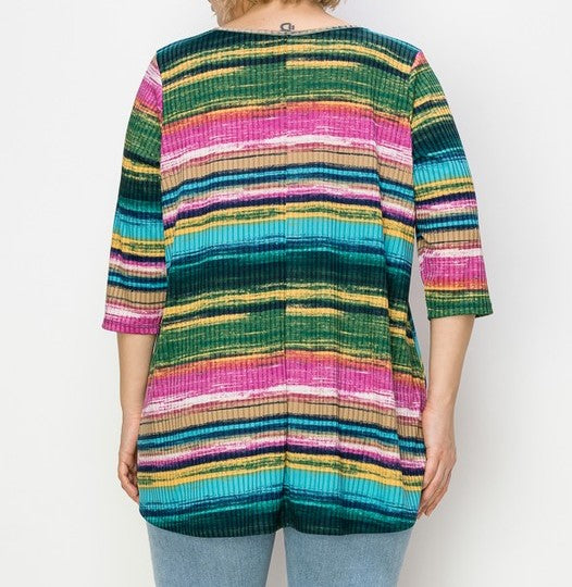 PSFU Blue Green Stripe Frint Top w Horseshoe Neckline