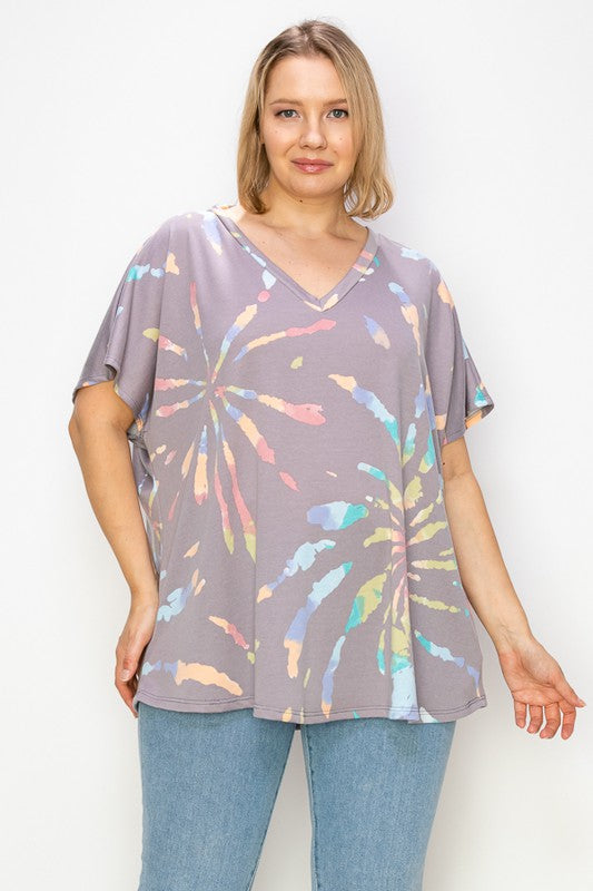 PSFU Gray Tie Dye Top w Criss Cross Detail