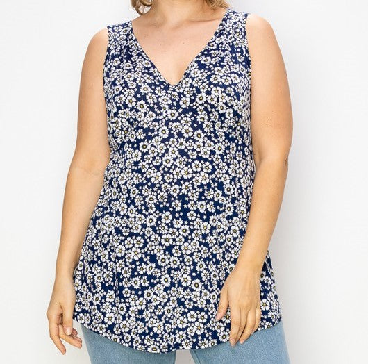 PSFU Blue Floral Print V Neck Tank Top w Tie Back