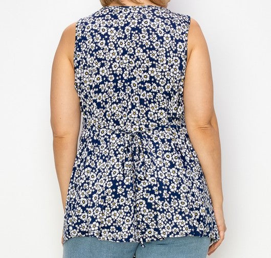 PSFU Blue Floral Print V Neck Tank Top w Tie Back