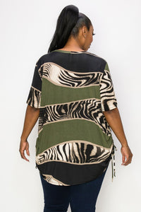 PSFU Olive Green Zebra Print Color Block Tunic Shirt Top