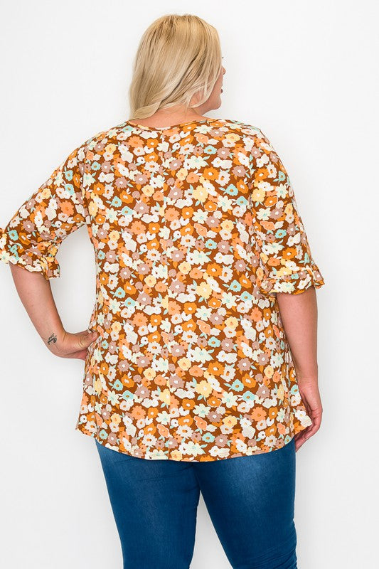 PSFU Brown Orange Fall Floral Print Baby Doll Top