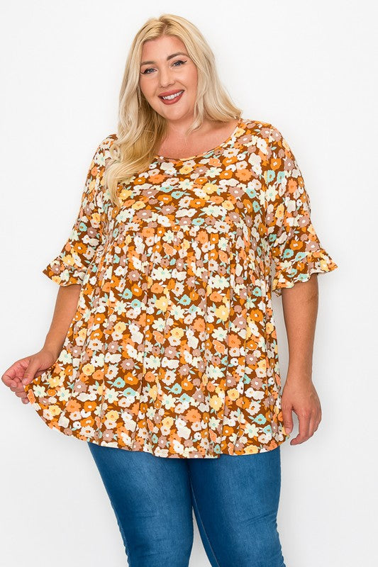 PSFU Brown Orange Fall Floral Print Baby Doll Top