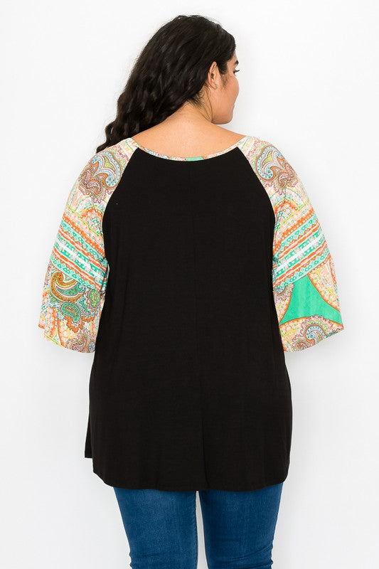 PSFU Black Shirt Top w Green Paisley Sleeves