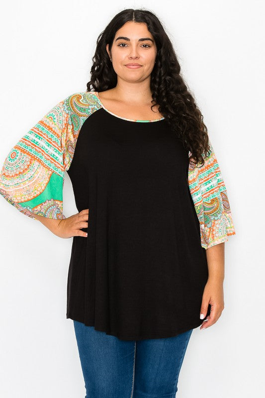 PSFU Black Shirt Top w Green Paisley Sleeves