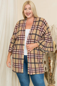 Beige Ruffle Sleeve Plaid Cardigan