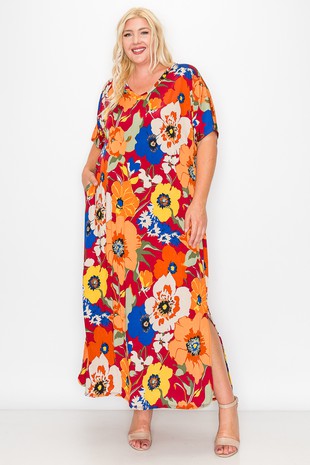 Red Floral Maxi Dress w Pockets