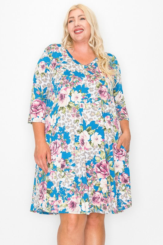 Blue Animal Print V Neck Dress w Pockets 3Qtr Sleeves