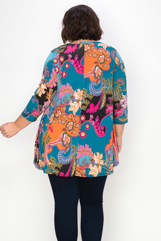 Teal Floral Paisley V Neck Top