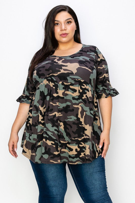 PSFU Camo Top w Ruffle Sleeve – Plus Size For Us