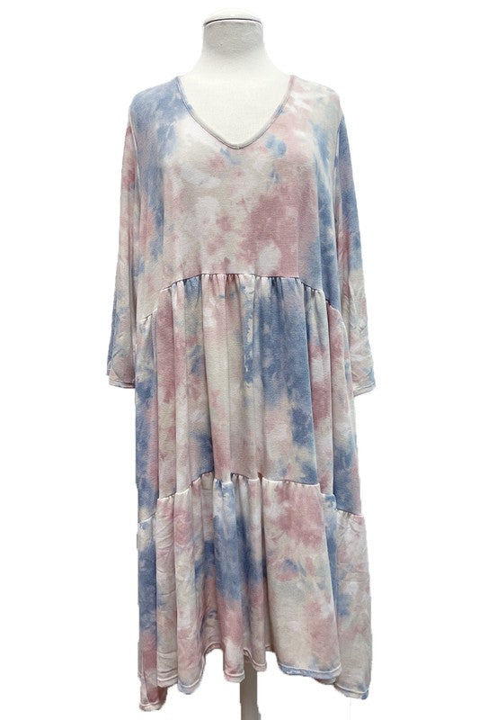 Tiered Ruffle Tie Dye Dress with 3Qtr Sleeves