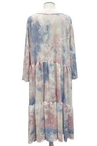 Tiered Ruffle Tie Dye Dress with 3Qtr Sleeves