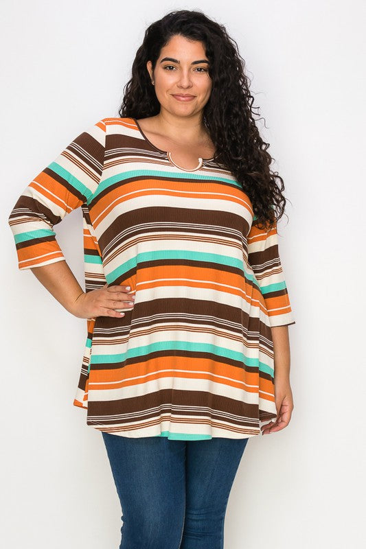 PSFU Stripe Top Horseshoe Neckline w Quarter Sleeves